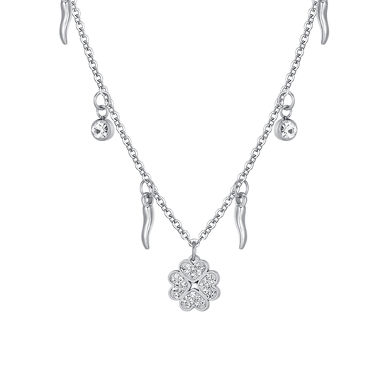 COLLANA DONNA IN ACCIAIO QUADRIFGOLIO E CORNI