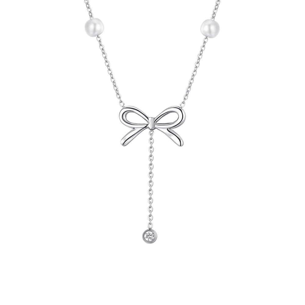 Cubahop Collana Girocollo Lunga Con Fiocco E Cristalli - Argento, Donna E Ragazza