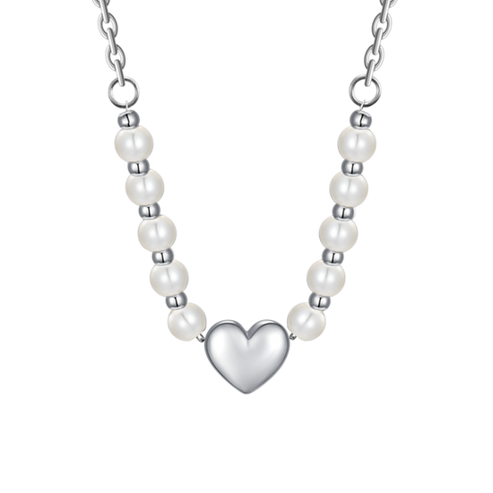 COLLANA DONNA IN ACCIAIO E PERLE BIANCHE CON CUORE