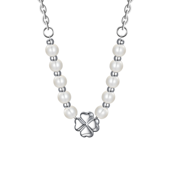 Collana Con Quadrifoglio In Madreperla E Cristallo - Acciaio Inox Placcato Oro 18k, Regalo Portafortuna Donna