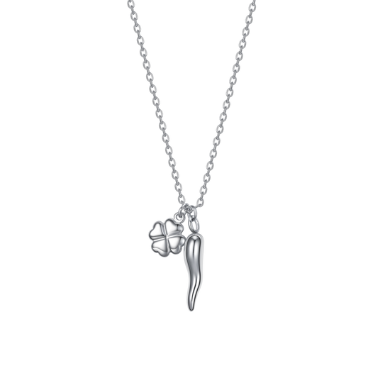 COLLANA DONNA IN ACCIAIO CON CORNO ROSSO E QUADRIFOGLIO COLLANA DONNA IN ACCIAIO CON CORNO ROSSO E QUADRIFOGLIO