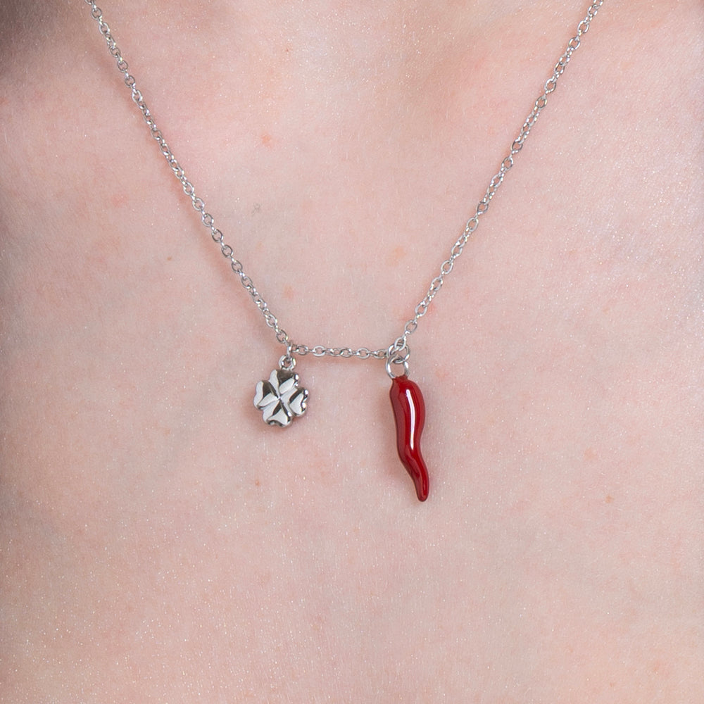 Collana Portafortuna Italiana In Acciaio Con Corno, Corona, Quadrifoglio, Ferro Di Cavallo E Coccinella – Gioiello Talismano Unisex