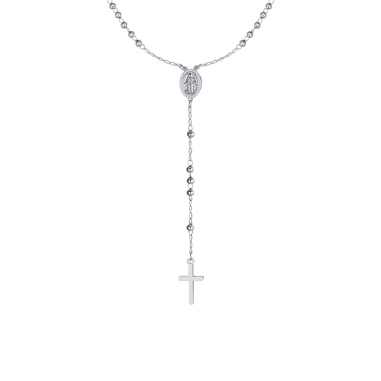 COLLANA DONNA ROSARIO IN ACCIAIO, MEDAGLIETTA CON MADONNINA MIRACOLOSA E ZIRCONI