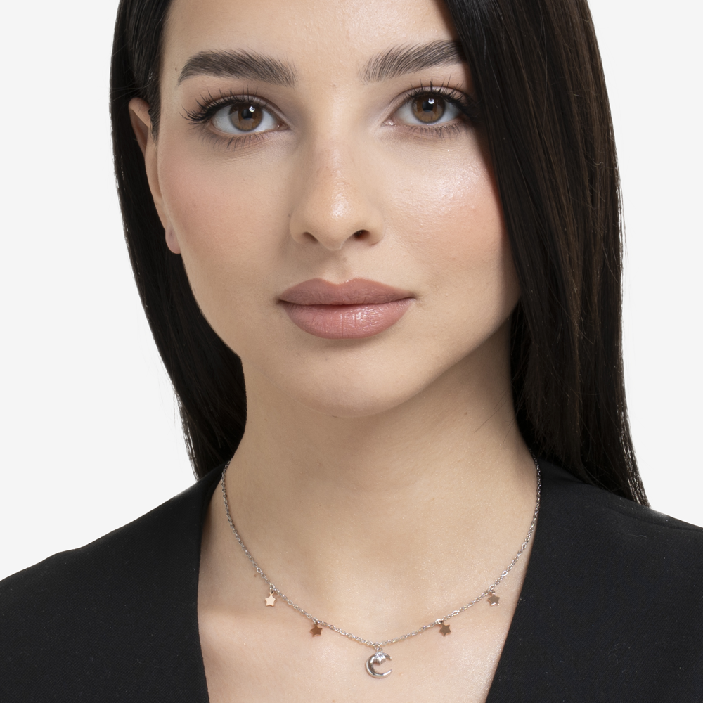 COLLANA DONNA IN ACCIAIO, LUNA CON ZIRCONE BIANCO E STELLE