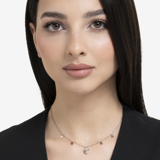 COLLANA DONNA IN ACCIAIO, LUNA CON ZIRCONE BIANCO E STELLE