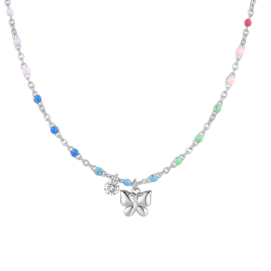 COLLANA DONNA IN ACCIAIO CON FARFALLA, CRISTALLO E PIETRE CON SMALTO MULTICOLOR