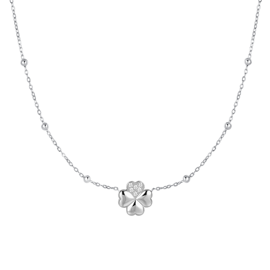 COLLANA DONNA IN ACCIAIO CON QUADRIFOGLIO E PUNTI LUCE IN ZIRCONE BIANCO