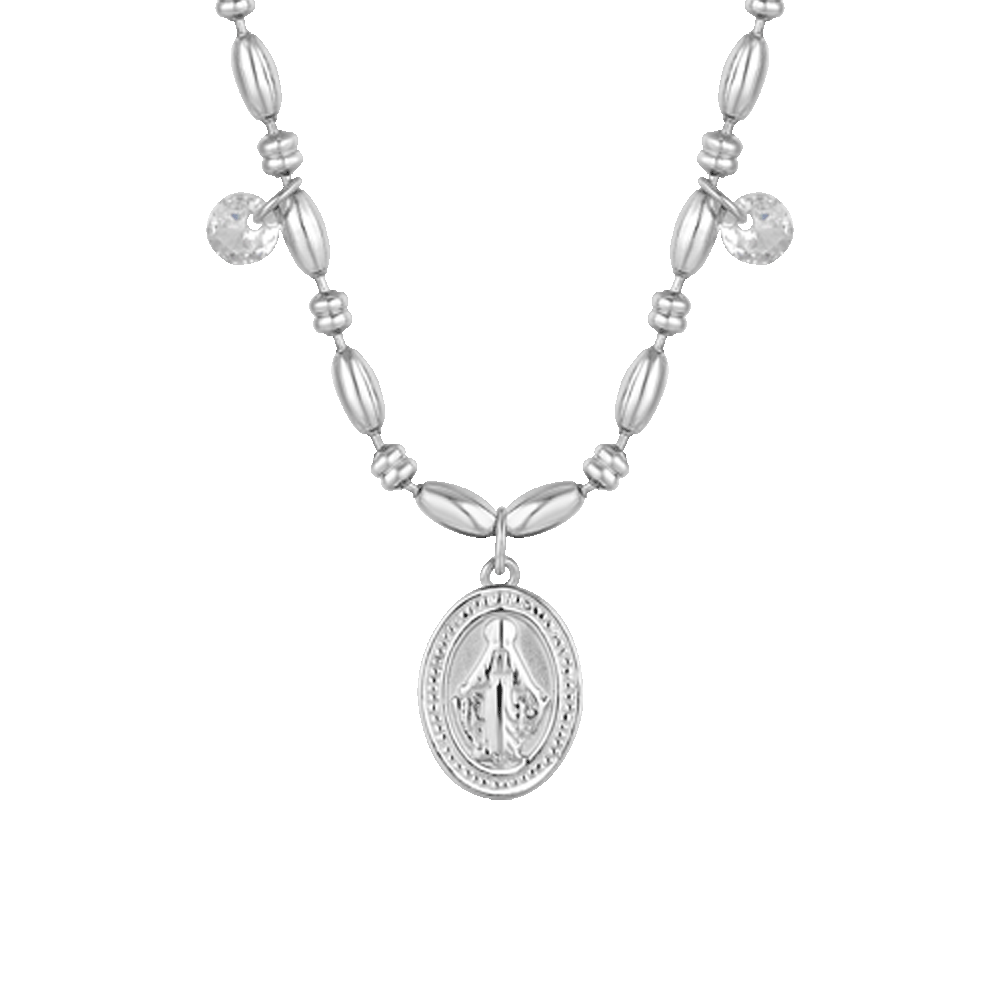 COLLANA DONNA IN ACCIAIO CON MADONNINA MIRACOLOSA E ZIRCONI BIANCHI