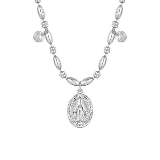 COLLANA DONNA IN ACCIAIO CON MADONNINA MIRACOLOSA E ZIRCONI BIANCHI
