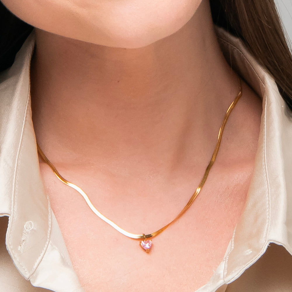 COLLANA DONNA IN ACCIAIO COLORE ORO CON ZIRCONE ROSA