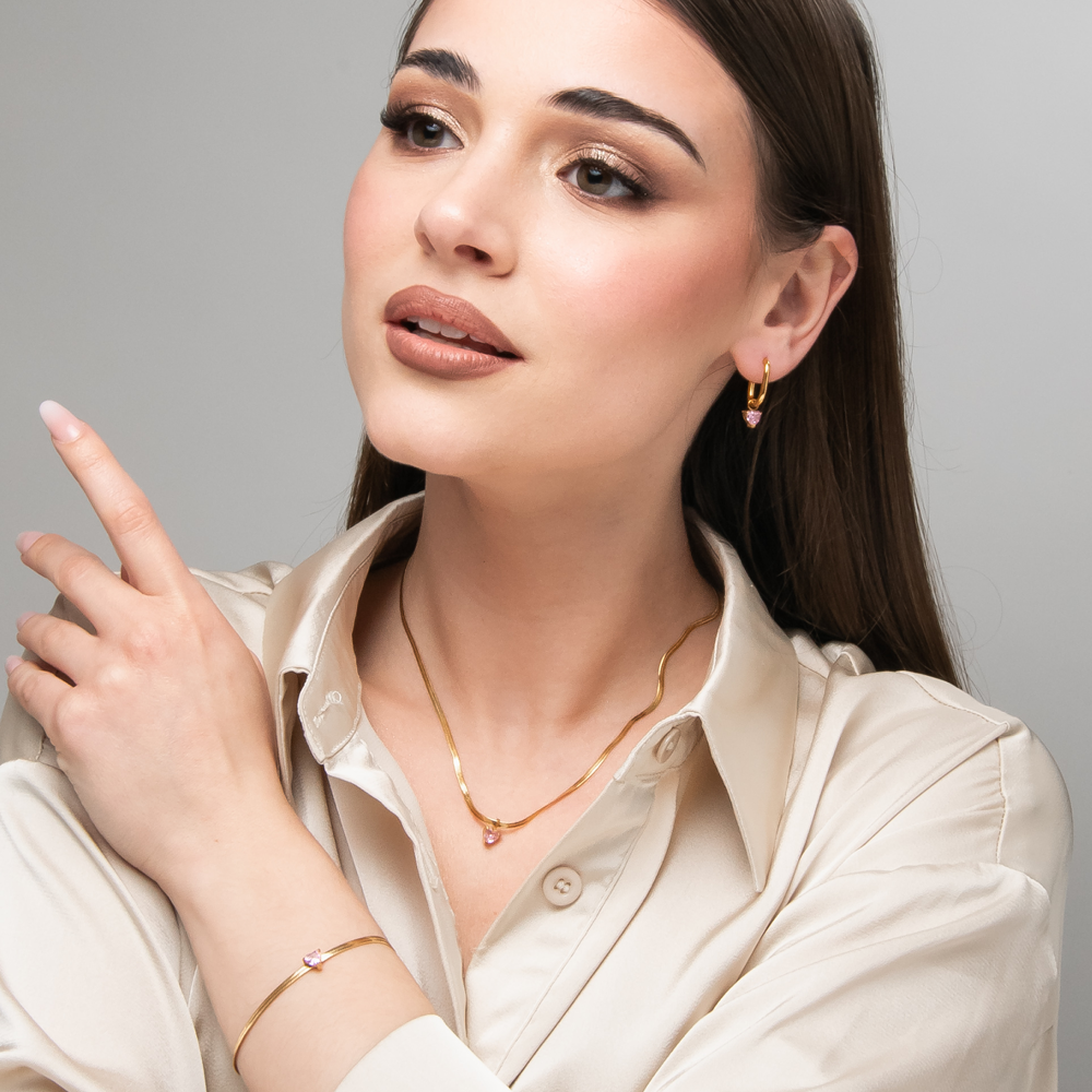 COLLANA DONNA IN ACCIAIO COLORE ORO CON ZIRCONE ROSA