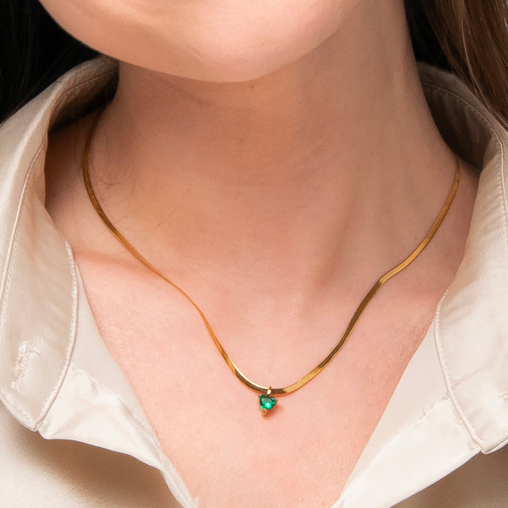 COLLANA DONNA IN ACCIAIO COLORE ORO CON ZIRCONE VERDE