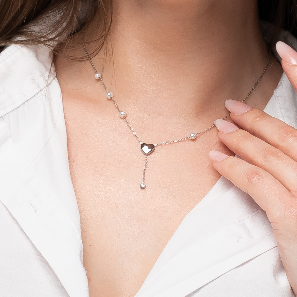 COLLANA DONNA IN ACCIAIO CON PERLE, CUORE E ZIRCONE BIANCO
