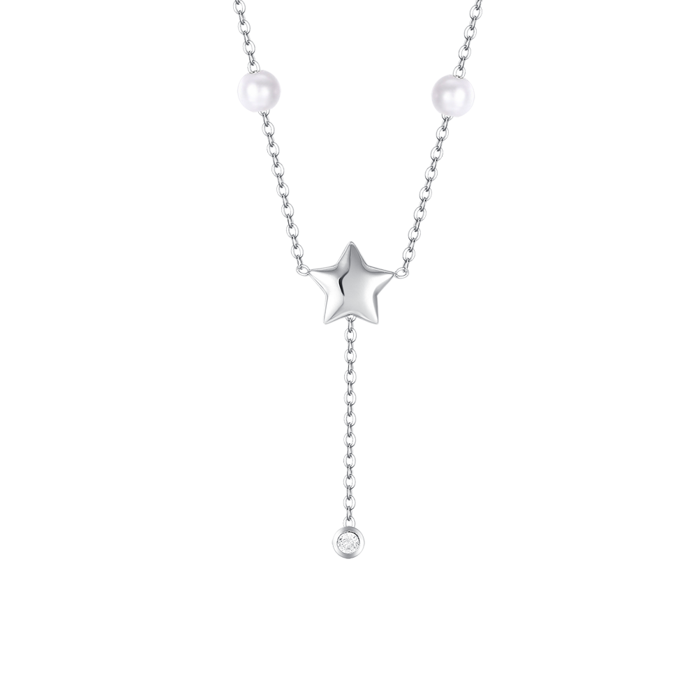 COLLANA DONNA IN ACCIAIO CON PERLE, STELLA E ZICONE BIANCO