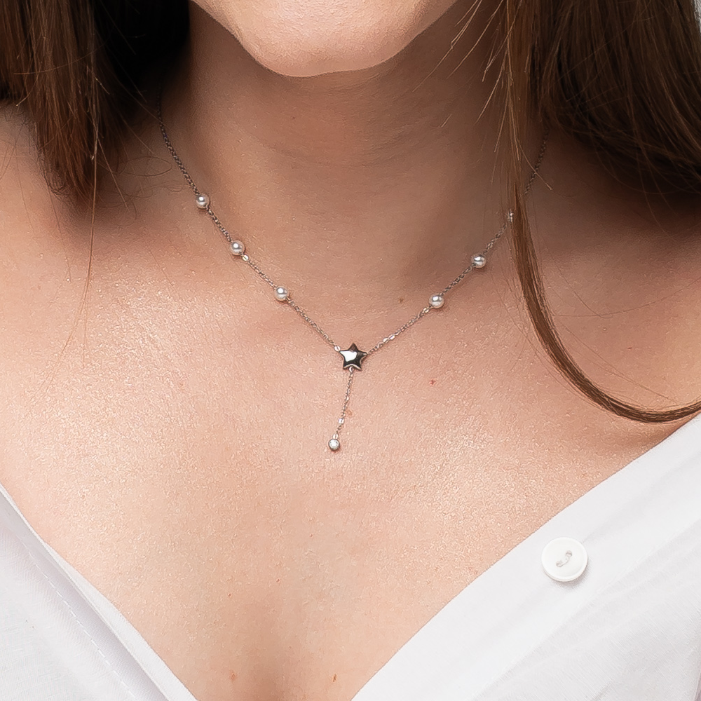 COLLANA DONNA IN ACCIAIO CON PERLE, STELLA E ZICONE BIANCO