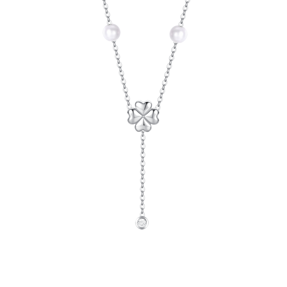 COLLANA DONNA IN ACCIAIO CON PERLE, QUADRIFOGLIO E ZIRCONE BIANCO