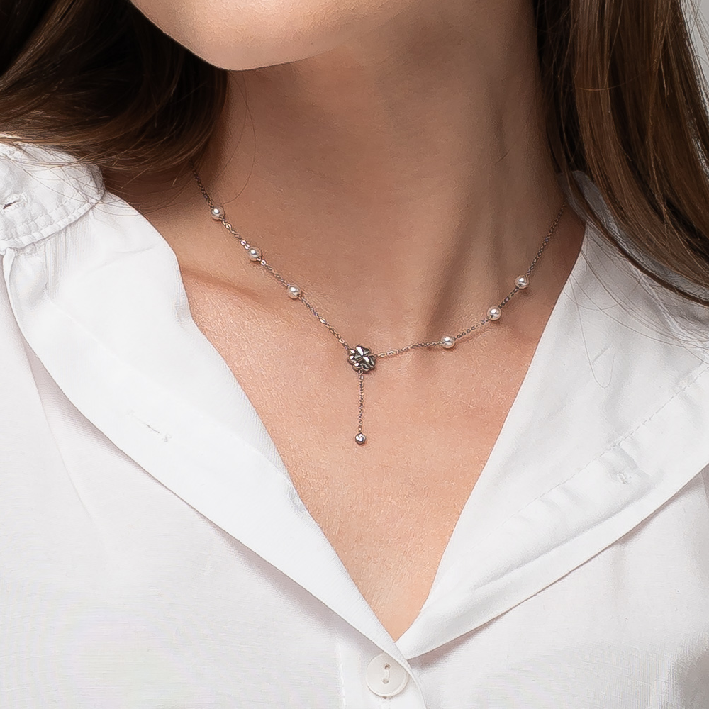 COLLANA DONNA IN ACCIAIO CON PERLE, QUADRIFOGLIO E ZIRCONE BIANCO