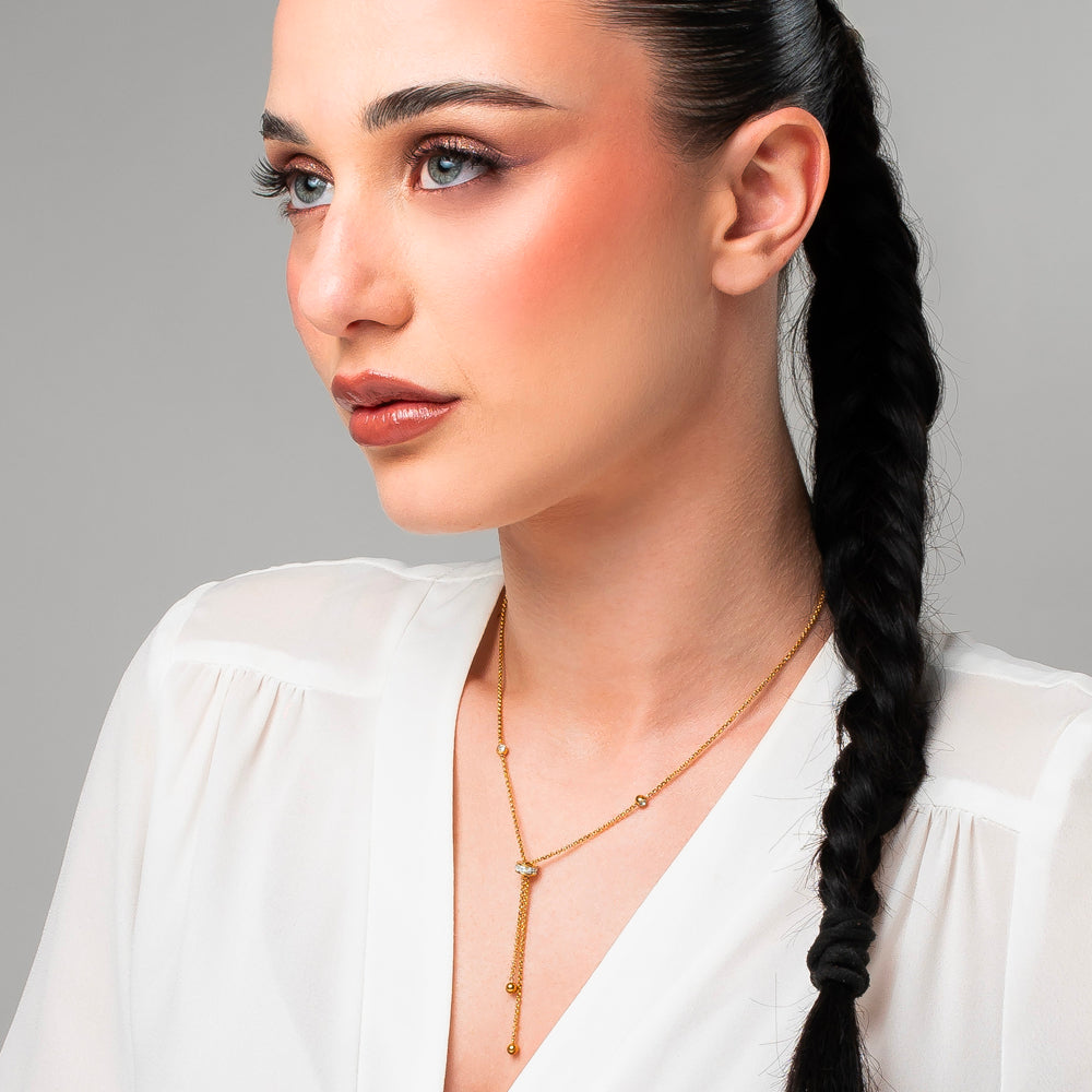 COLLANA DONNA IN ACCIAIO IP GOLD, BUSSOLOTTO ED ELEMENTI CON ZIRCONI BIANCHI