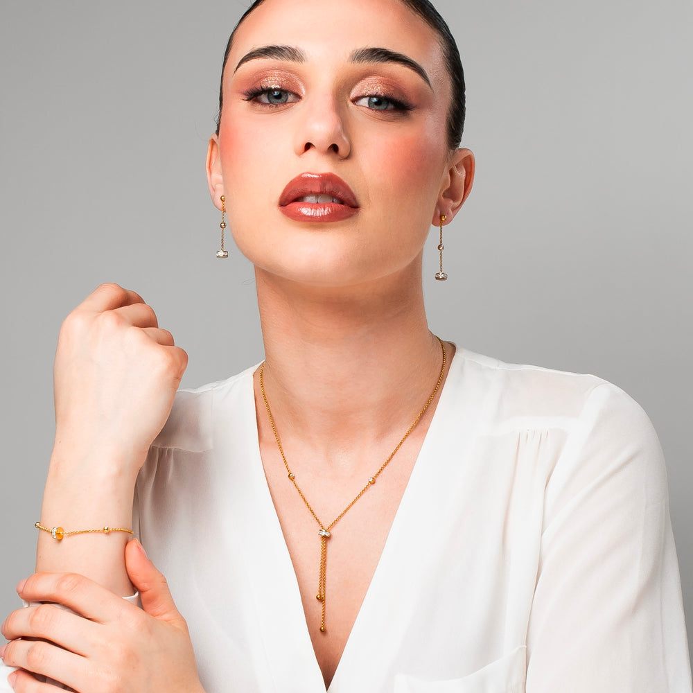 COLLANA DONNA IN ACCIAIO IP GOLD, BUSSOLOTTO ED ELEMENTI CON ZIRCONI BIANCHI