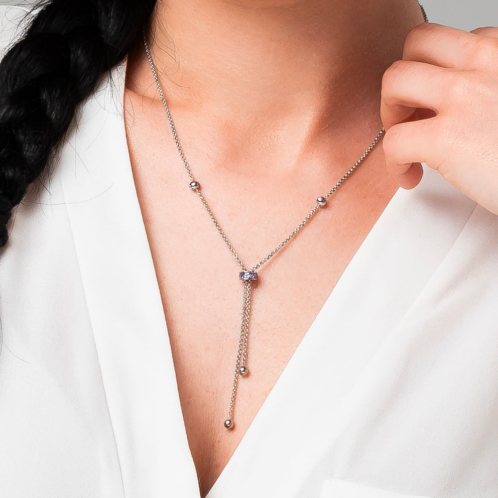 COLLANA DONNA IN ACCIAIO, BUSSOLOTTO ED ELEMENTI CON ZIRCONI VIOLA