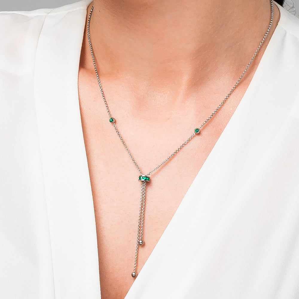 COLLANA DONNA IN ACCIAIO, BUSSOLOTTO ED ELEMENTI CON ZIRCONI VERDI