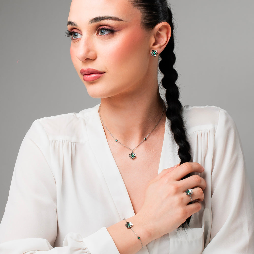 COLLANA DONNA IN ACCIAIO, FIORI ED ELEMENTI CON ZIRCONI VERDI