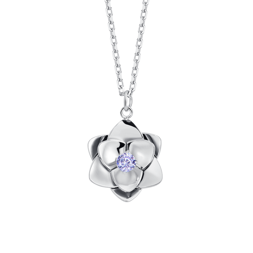COLLANA DONNA IN ACCIAIO, FIORE ED ELEMENTI CON ZIRCONI VIOLA