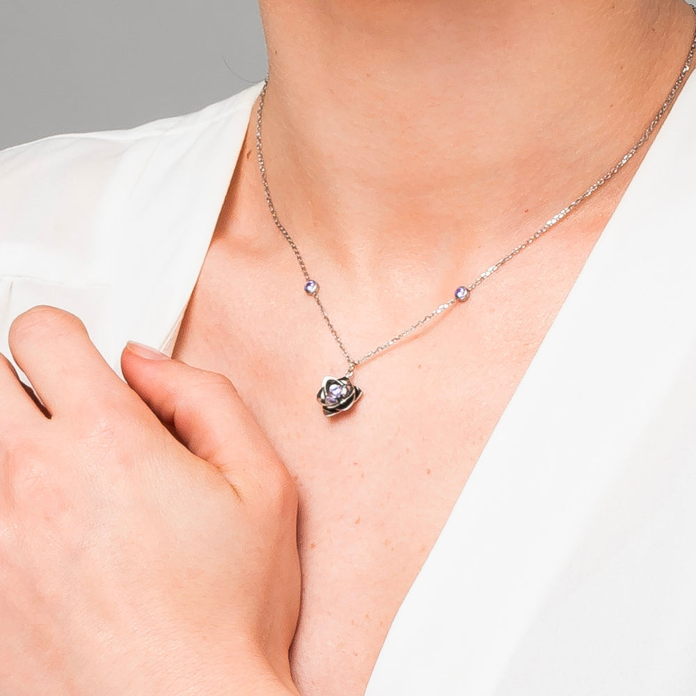 COLLANA DONNA IN ACCIAIO, FIORE ED ELEMENTI CON ZIRCONI VIOLA