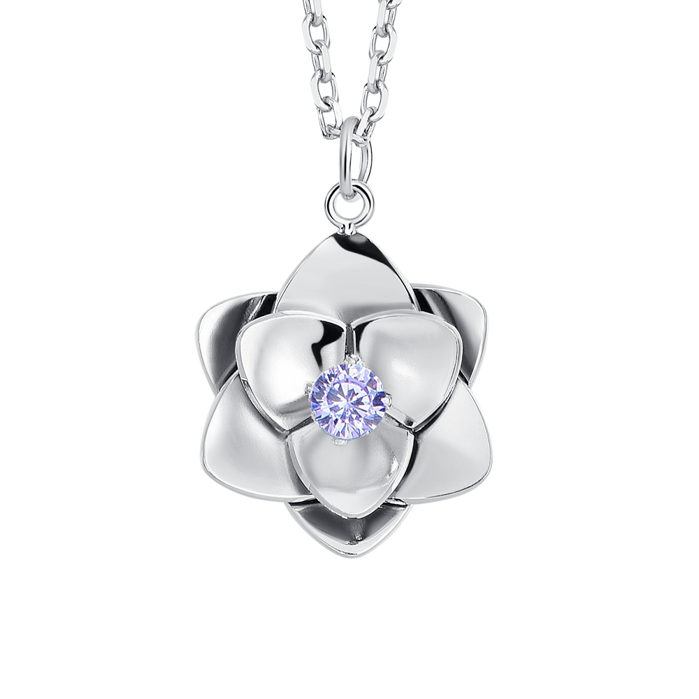 COLLANA DONNA IN ACCIAIO, FIORE ED ELEMENTI CON ZIRCONI VIOLA