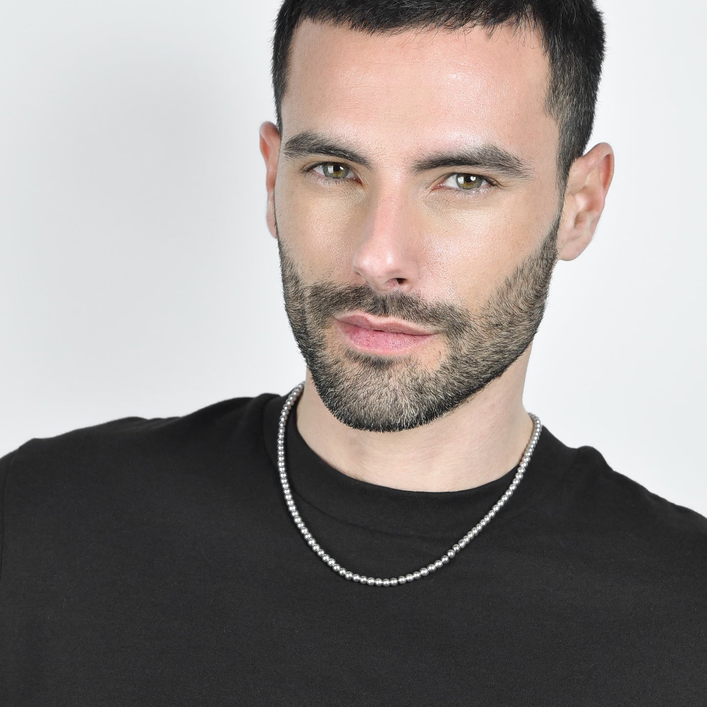 COLLANA UOMO IN ACCIAIO CON PERLE GRIGIE