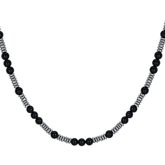 COLLANA UOMO IN ACCIAIO CON PIETRE NERE ED ELEMENTI IN ACCIAIO