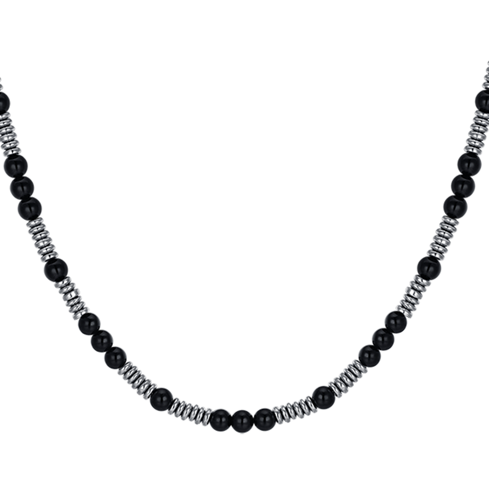 COLLANA UOMO IN ACCIAIO CON PIETRE NERE ED ELEMENTI IN ACCIAIO
