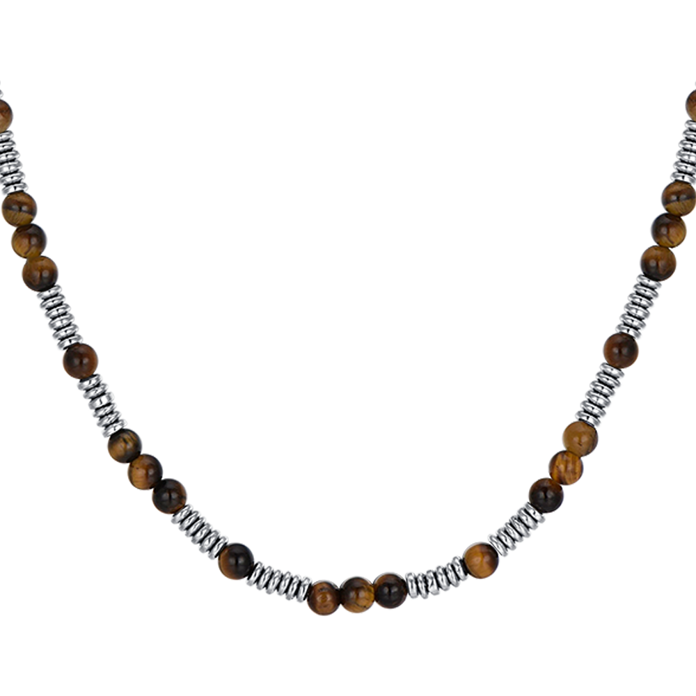 COLLANA UOMO IN ACCIAIO CON PIETRE OCCHIO DI TIGRE ED ELEMENTI IN ACCIAIO