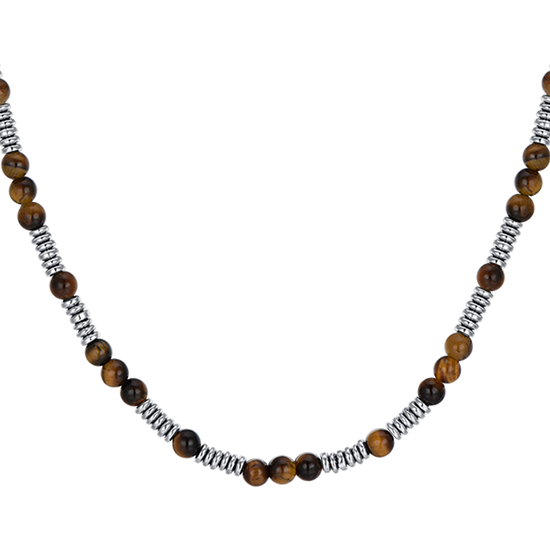 COLLANA UOMO IN ACCIAIO CON PIETRE OCCHIO DI TIGRE ED ELEMENTI IN ACCIAIO