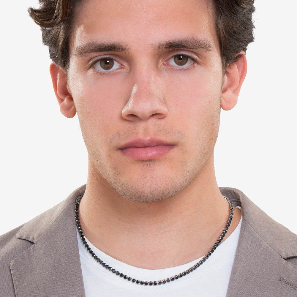 COLLANA TENNIS UOMO IN ACCIAIO CON CRISTALLI NERI