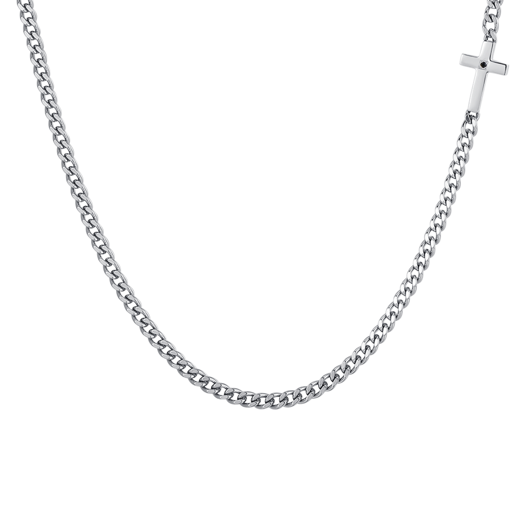 COLLANA UOMO IN ACCIAIO CROCE E ZIRCONE NERO