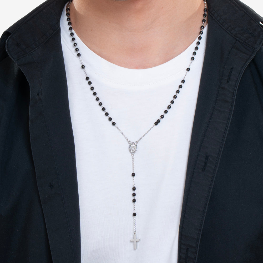 COLLANA UOMO ROSARIO SFERE IN ACCIAIO NERO E ACCIAIO