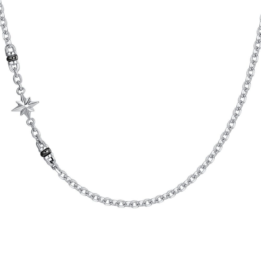 COLLANA UOMO IN ACCIAIO CON ROSA DEI VENTI ED ELEMENTI IN IP NERO