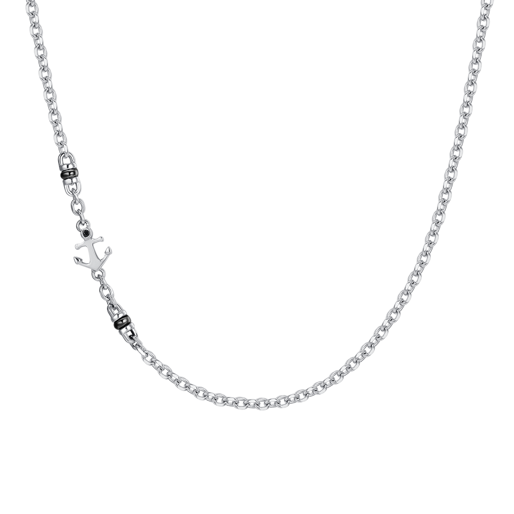 COLLANA UOMO IN ACCIAIO CON ANCORA, ZIRCONE NERO ED ELEMENTI IN IP NERO