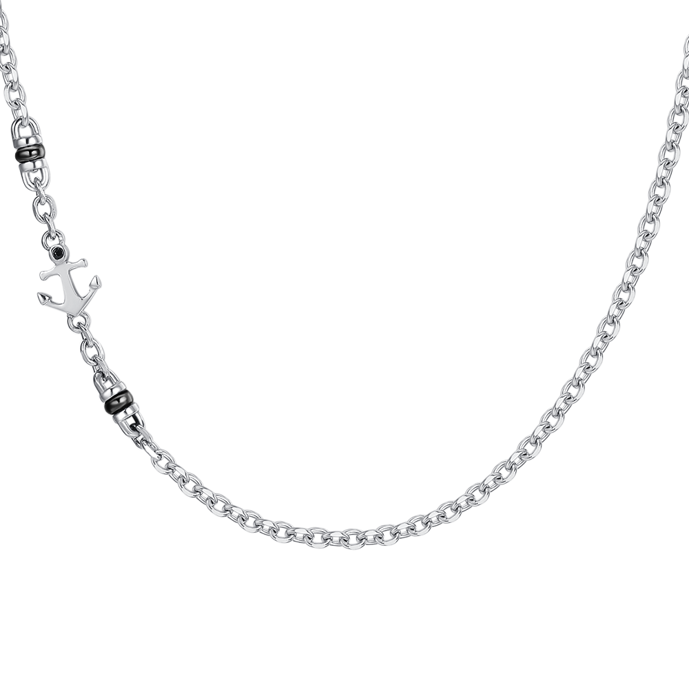 COLLANA UOMO IN ACCIAIO CON ANCORA, ZIRCONE NERO ED ELEMENTI IN IP NERO