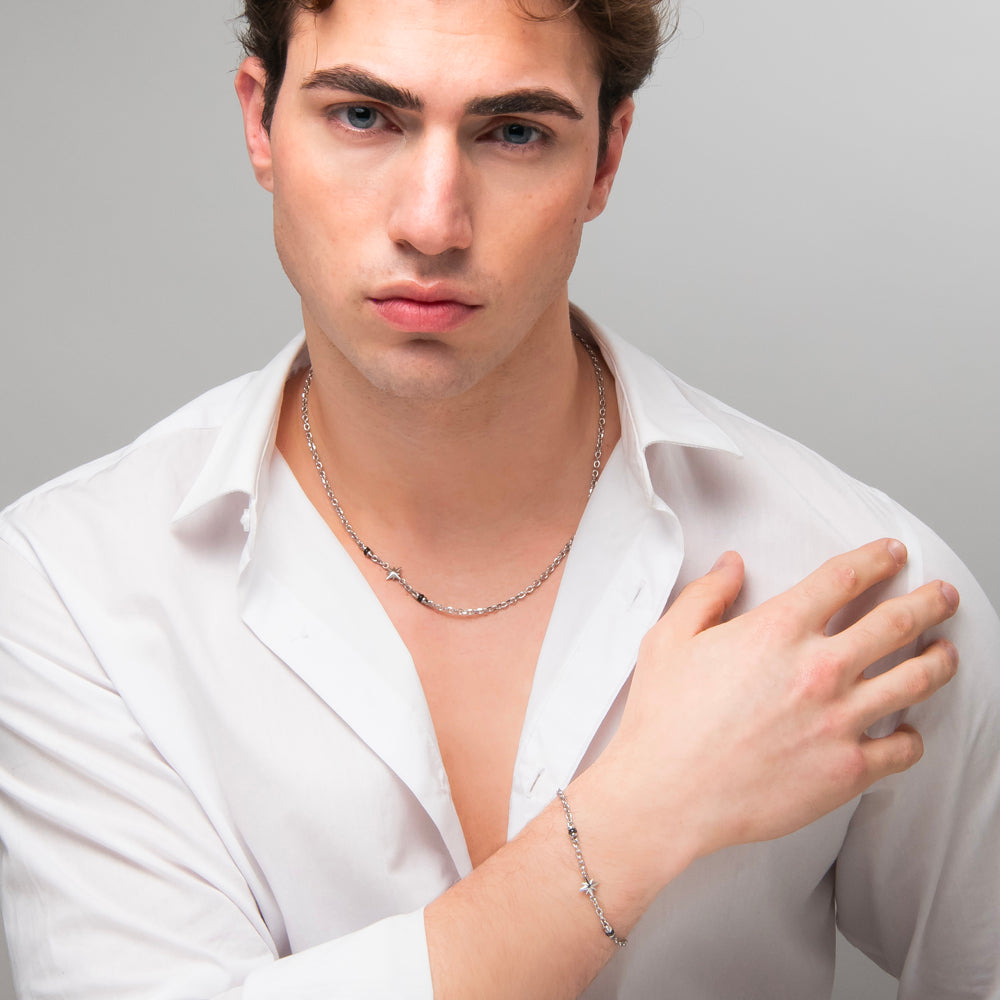 COLLANA UOMO IN ACCIAIO CON ELEMENTI IN EMATITE NERA