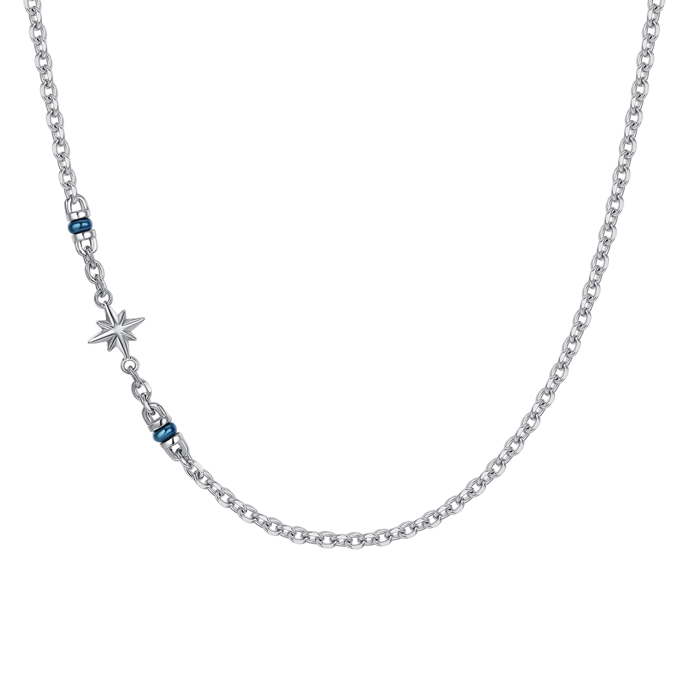 COLLANA UOMO IN ACCIAIO CON ROSA DEI VENTI ED ELEMENTI IN IP BLU