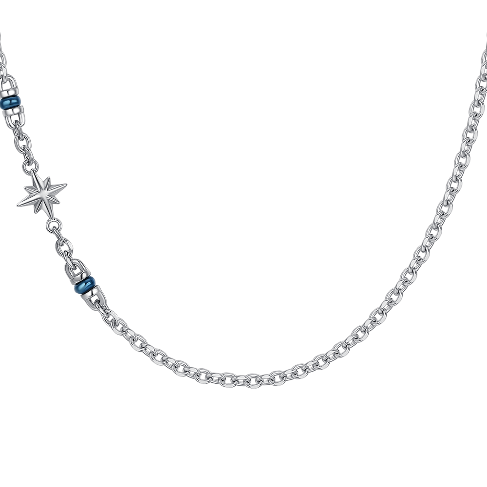 COLLANA UOMO IN ACCIAIO CON ROSA DEI VENTI ED ELEMENTI IN IP BLU