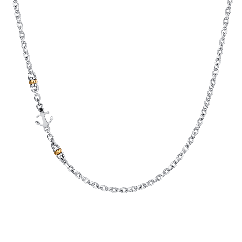 COLLANA UOMO IN ACCIAIO CON ANCORA, ZIRCONE NERO ED ELEMENTI IN IP GOLD