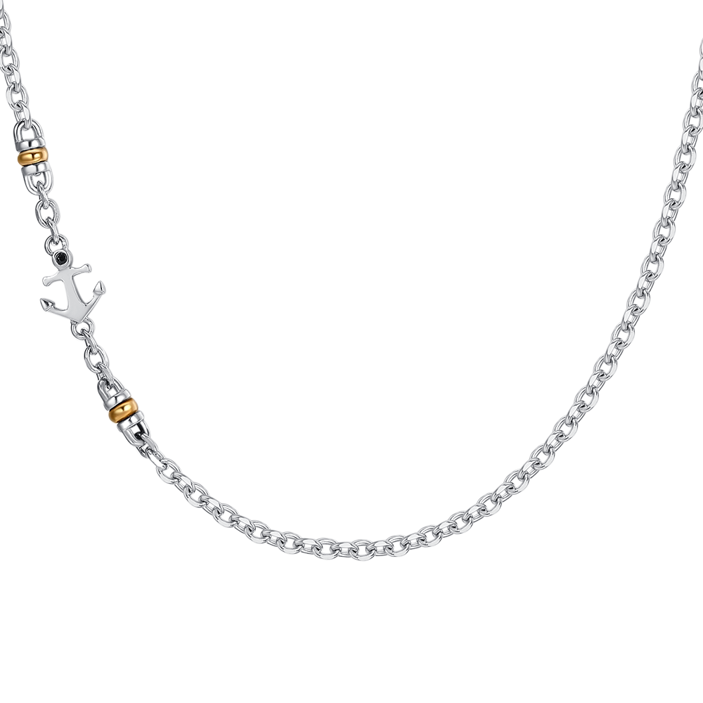 COLLANA UOMO IN ACCIAIO CON ANCORA, ZIRCONE NERO ED ELEMENTI IN IP GOLD