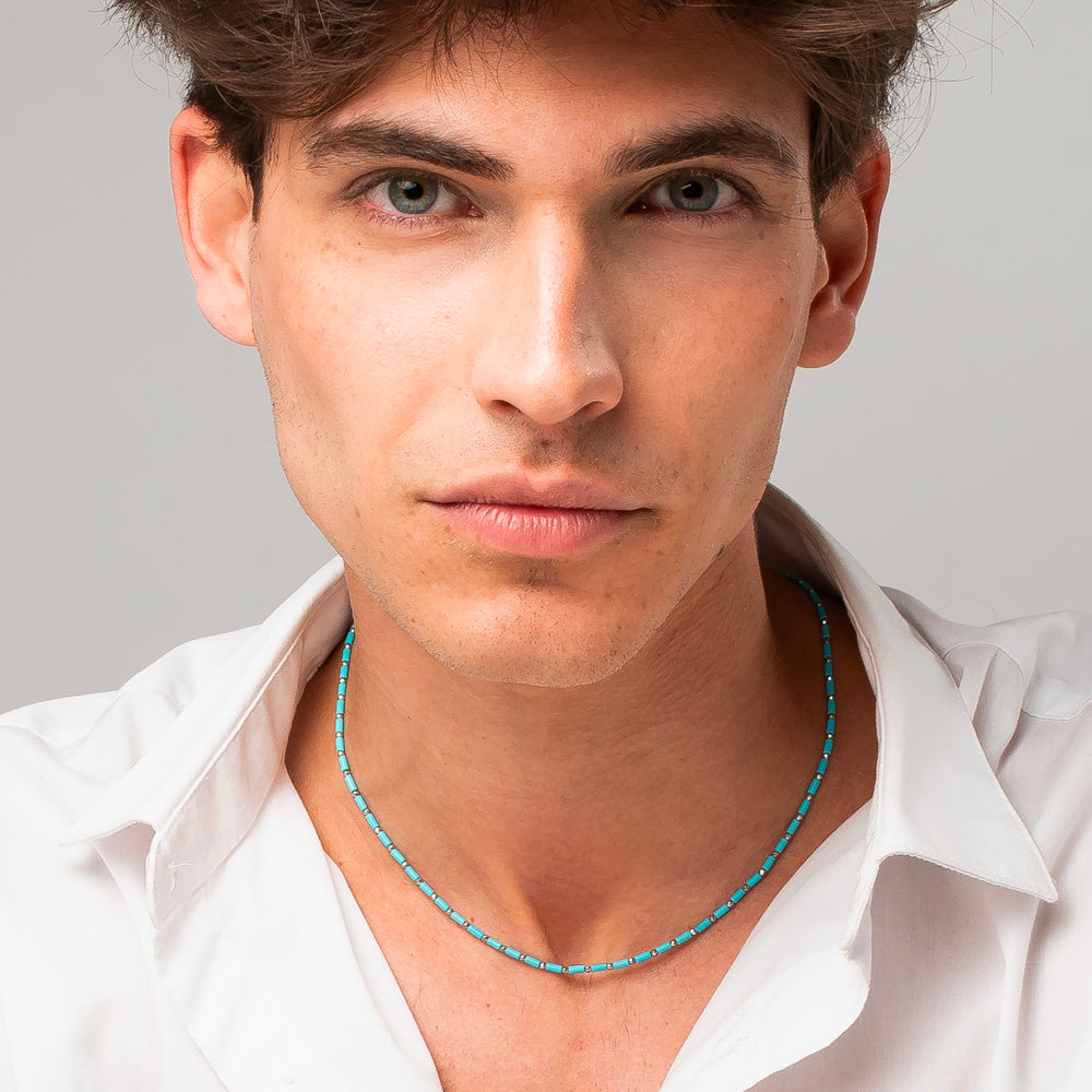 COLLANA UOMO IN ACCIAIO CON PIETRE TURCHESI ED EMATITE