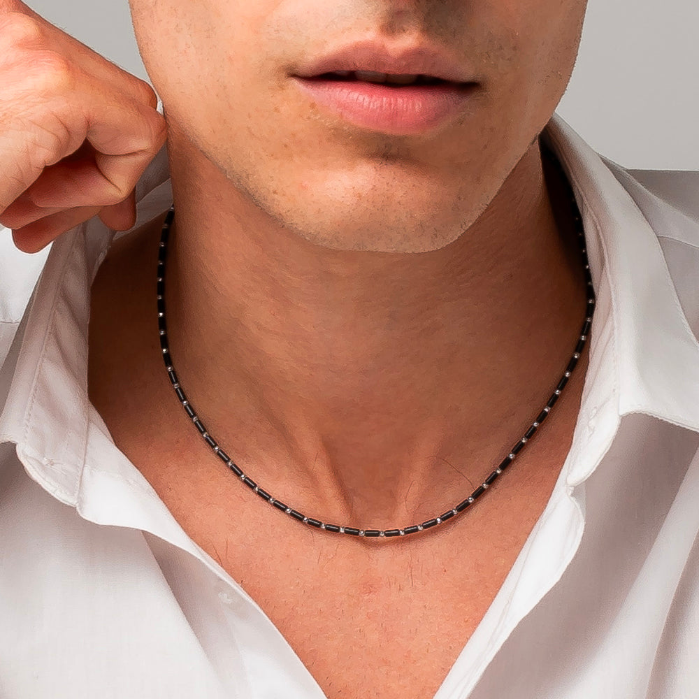 COLLANA UOMO IN ACCIAIO CON AGATA NERA ED EMATITE