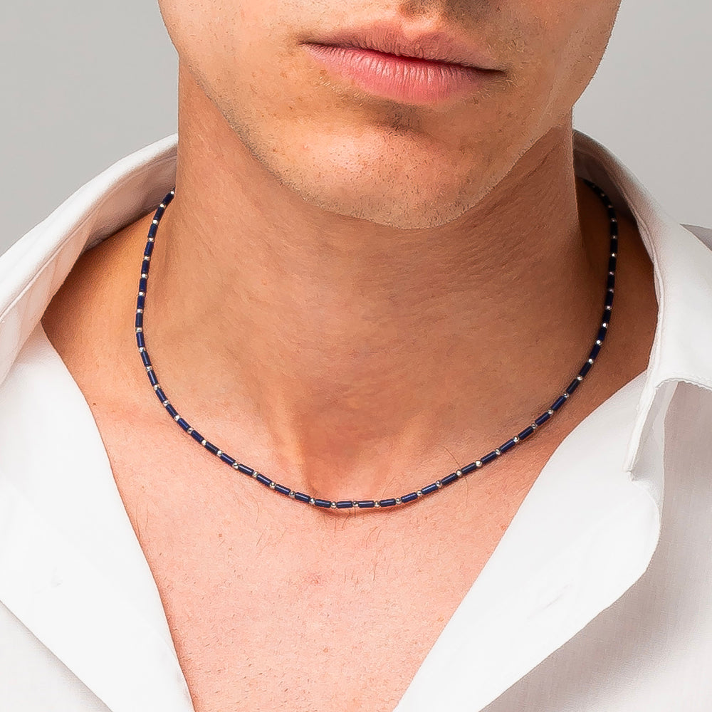 COLLANA UOMO IN ACCIAIO CON PIETRA LAPIS ED EMATITE