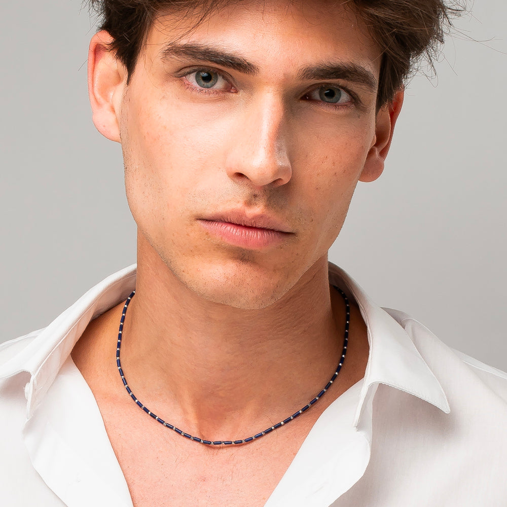 COLLANA UOMO IN ACCIAIO CON PIETRA LAPIS ED EMATITE