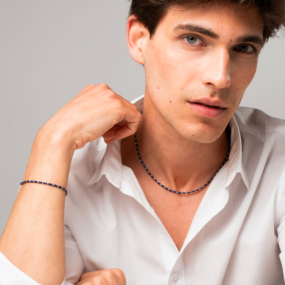 COLLANA UOMO IN ACCIAIO CON PIETRA LAPIS ED EMATITE